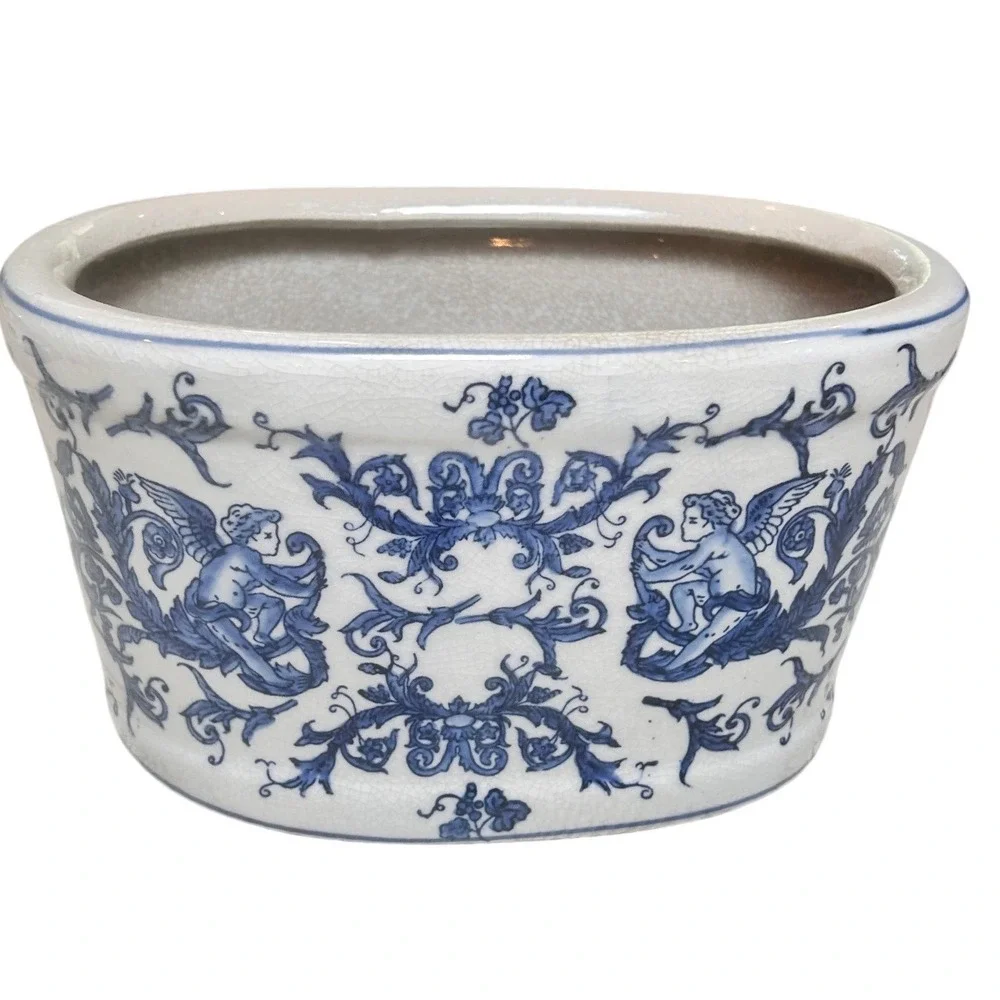Vintage Blue and White Porcelain Oval Planter Cherub Fish Motif Crackle Glaze